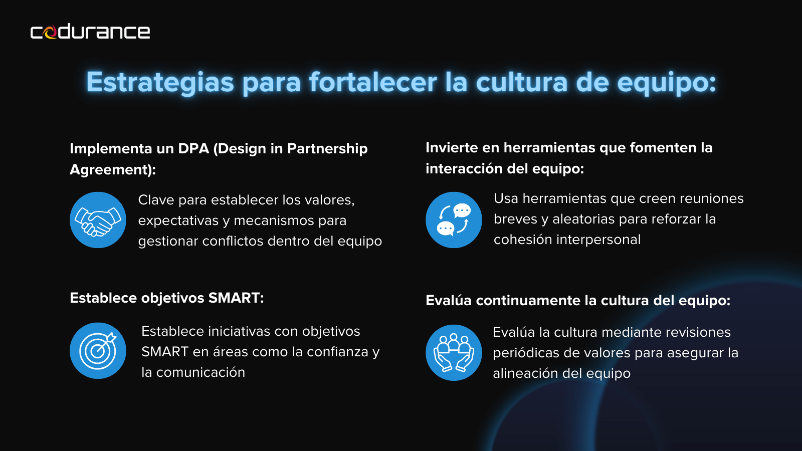 Estrategias para fortalecer la cultura de equipo.