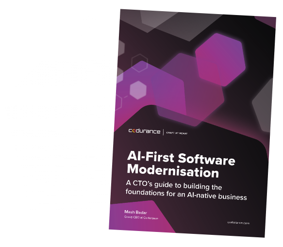 Guide cover: Cover of Codurance's CTO guide, AI-First Software Modernisation, a guide to building the foundations for an AI-native business