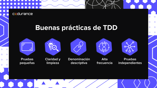 Buenas prácticas de TDD: pruebas pequeñas, claridad, nombres descriptivos, alta frecuencia, pruebas independientes.
