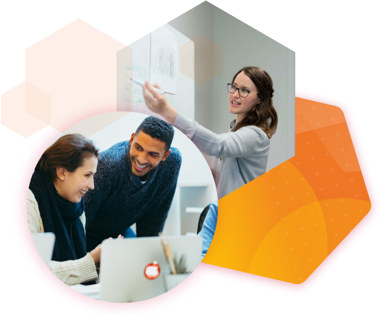 Some graphic elements with images in it, where co-workers are talking to each other and presenting