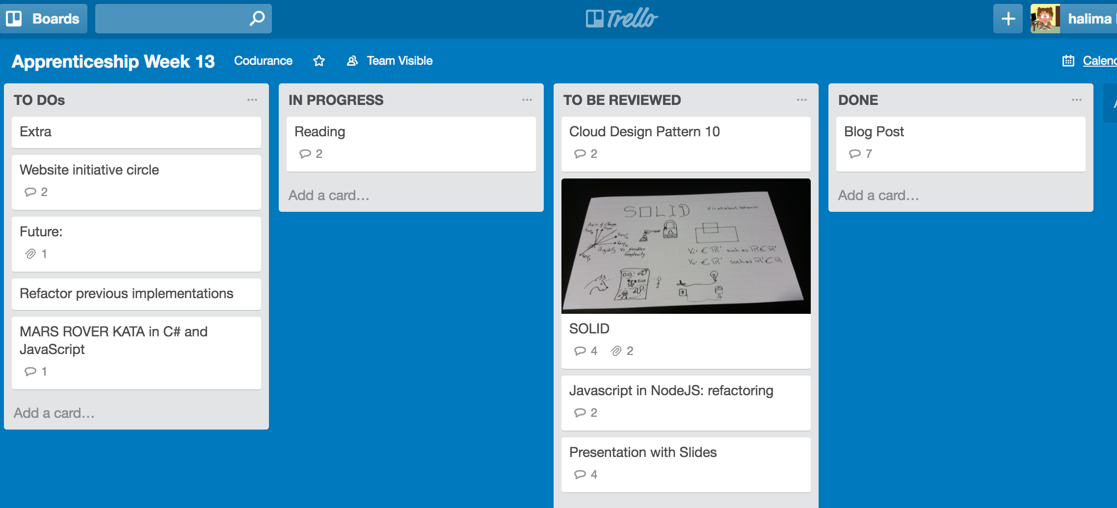 Trello Board showing an apprenticeship week