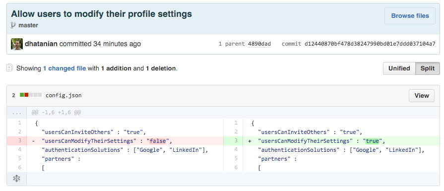 A change on a configuration file as viewed on GitHub