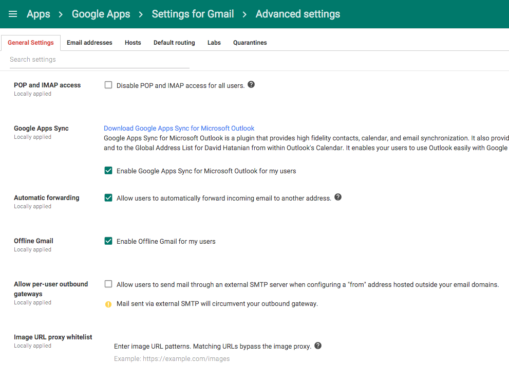 Google Apps configuration screen