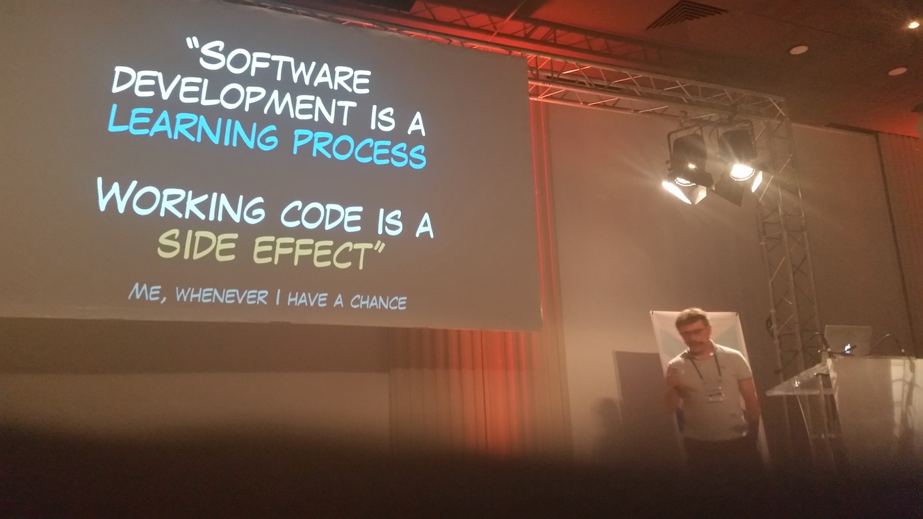 Alberto Brandolini with his quote: 'Software Development is a learning process. Working code is a side effect.'